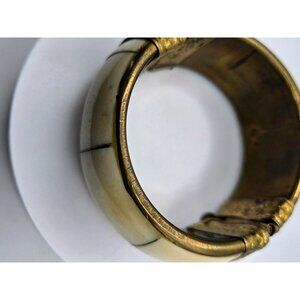 Vintage Cream Color Bone and Brass Pull Pin Cuff Bracelet 1.25" thick